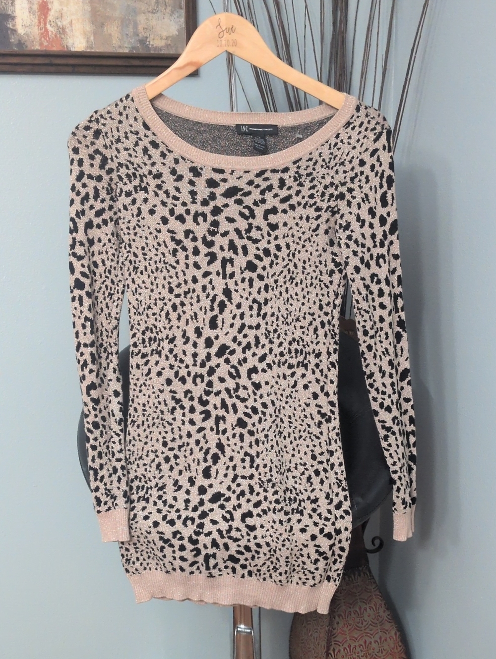 INC International Concepts Beige and Black Leopard-Print Crewneck Sweater Tunic